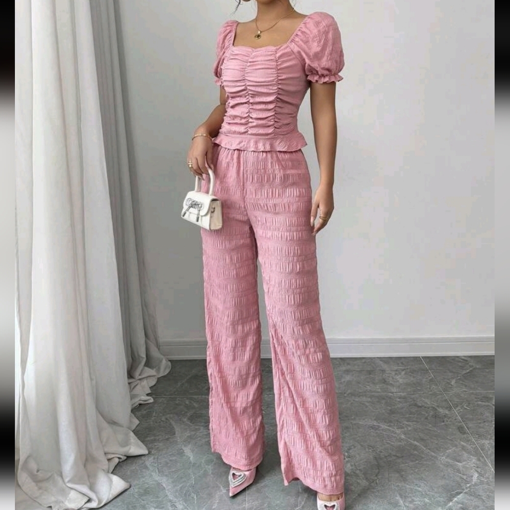 2pcs/Set Women Fashionable Casual Square Collar Crop Shirt And Pants Suit